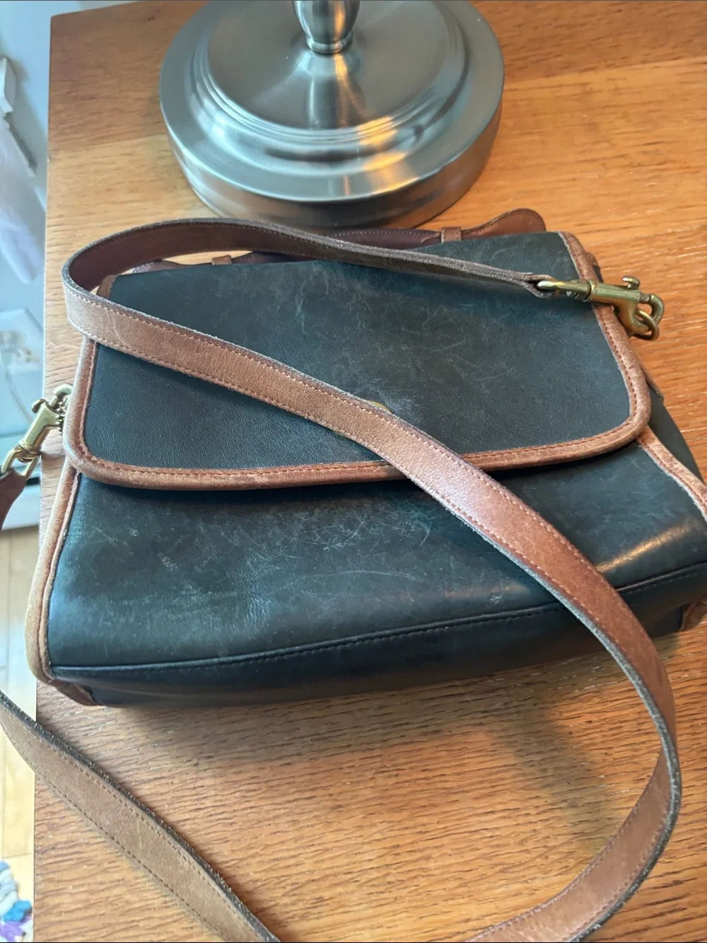 Coach Dark Green Messenger Bag with Brown Trim and Turn-Lock